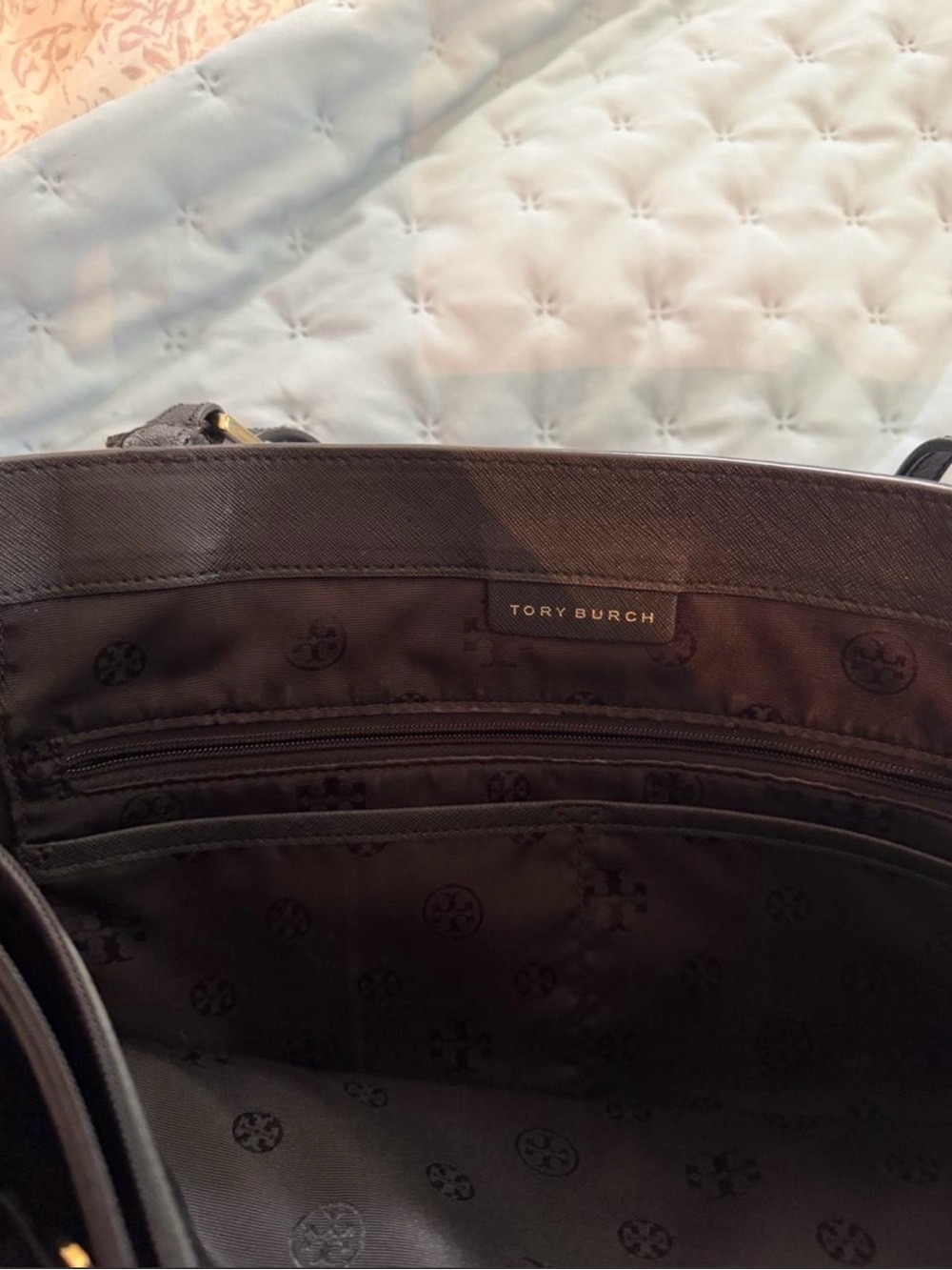 Tory Burch Black Leather Tote with Gold Logo - Picture 2 of 7